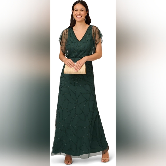 NWT - Adrianna Papell Beaded Dusty Emerald Blouson Evening Maxi Gown - Size 16 - Picture 1 of 15